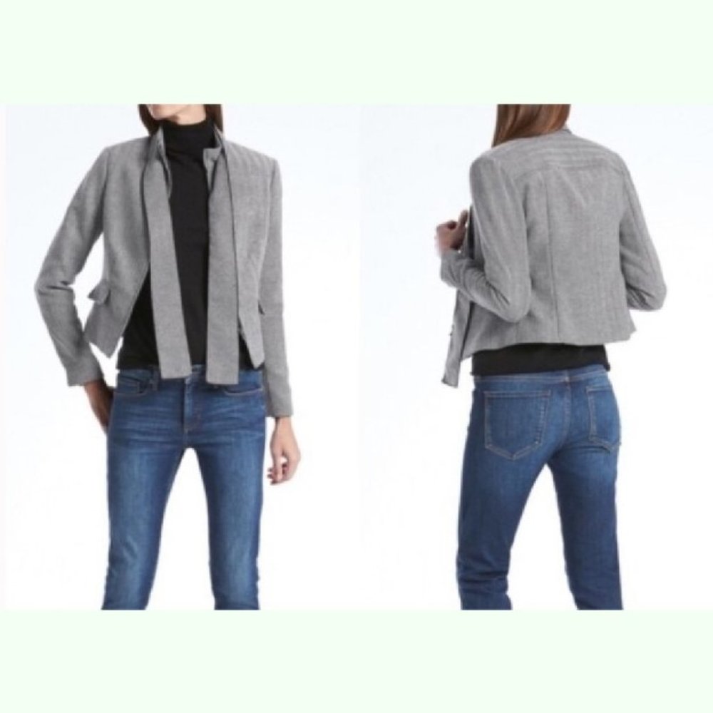 NWT Banana Republic Herringbone Removeable Tie Neck Jacket Wool Blend Gray Sz 8